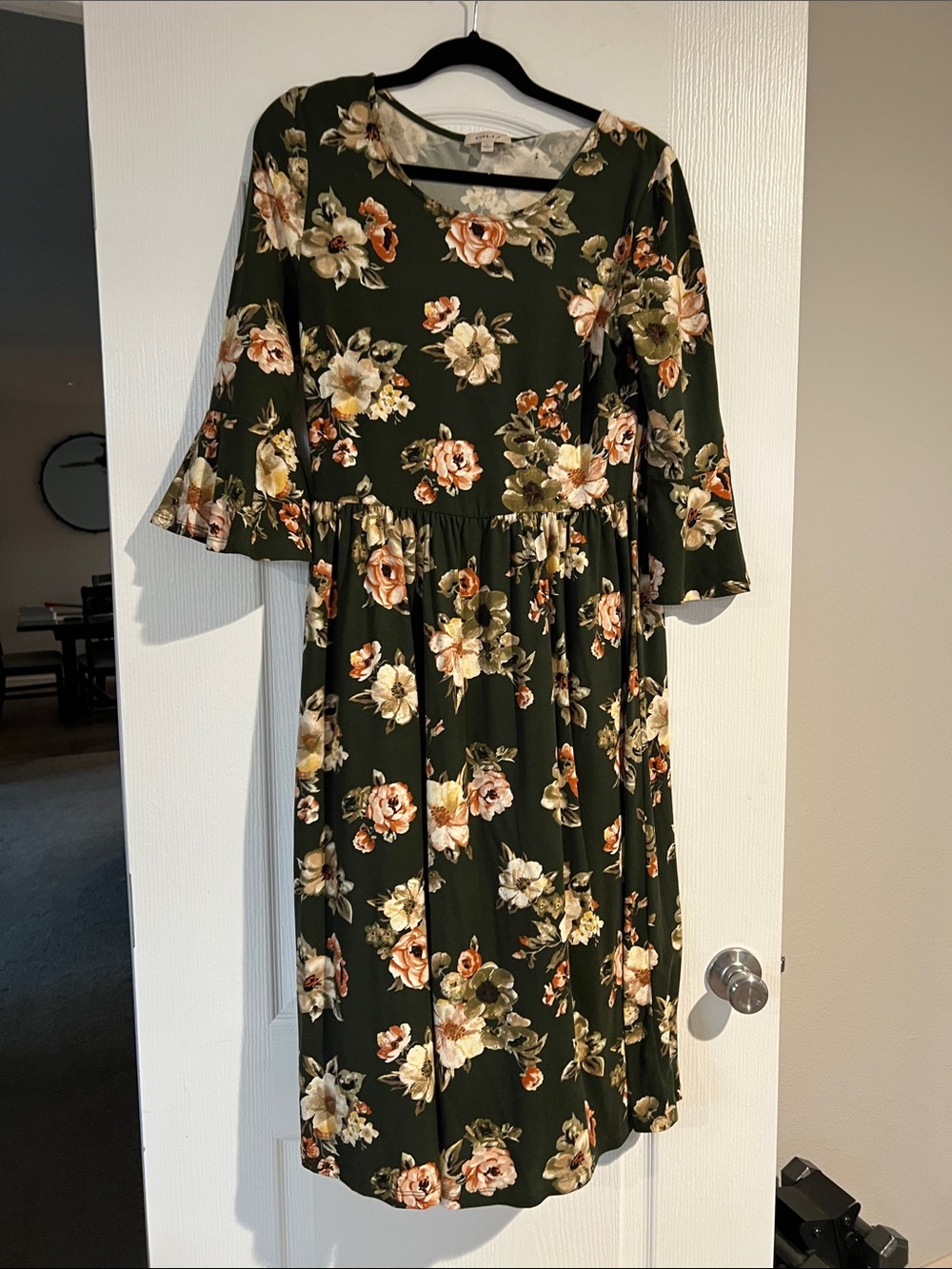 Gilli Olive Floral Midi Dress with Peach and Cream Blooms